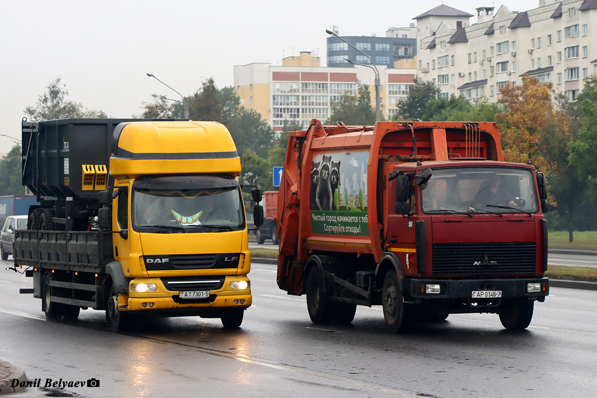 Минская область, № АТ 7301-5 — DAF LF (общая модель); Минск, № 1424 — МАЗ-5337 (общая модель)