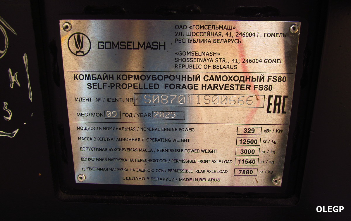 Гомельская область, № (BY-3) Б/Н СТ 0031 — КВК-800 "Палессе FS80"